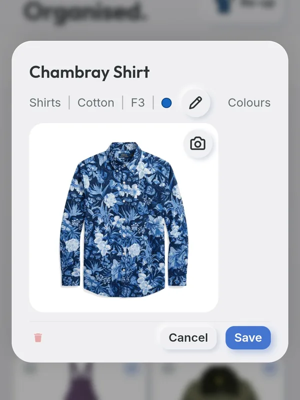 The item panel Getup opened from that photo: Chambray Shirt, shirts, cotton, formality 3, navy, with the photo cleaned up into product art.