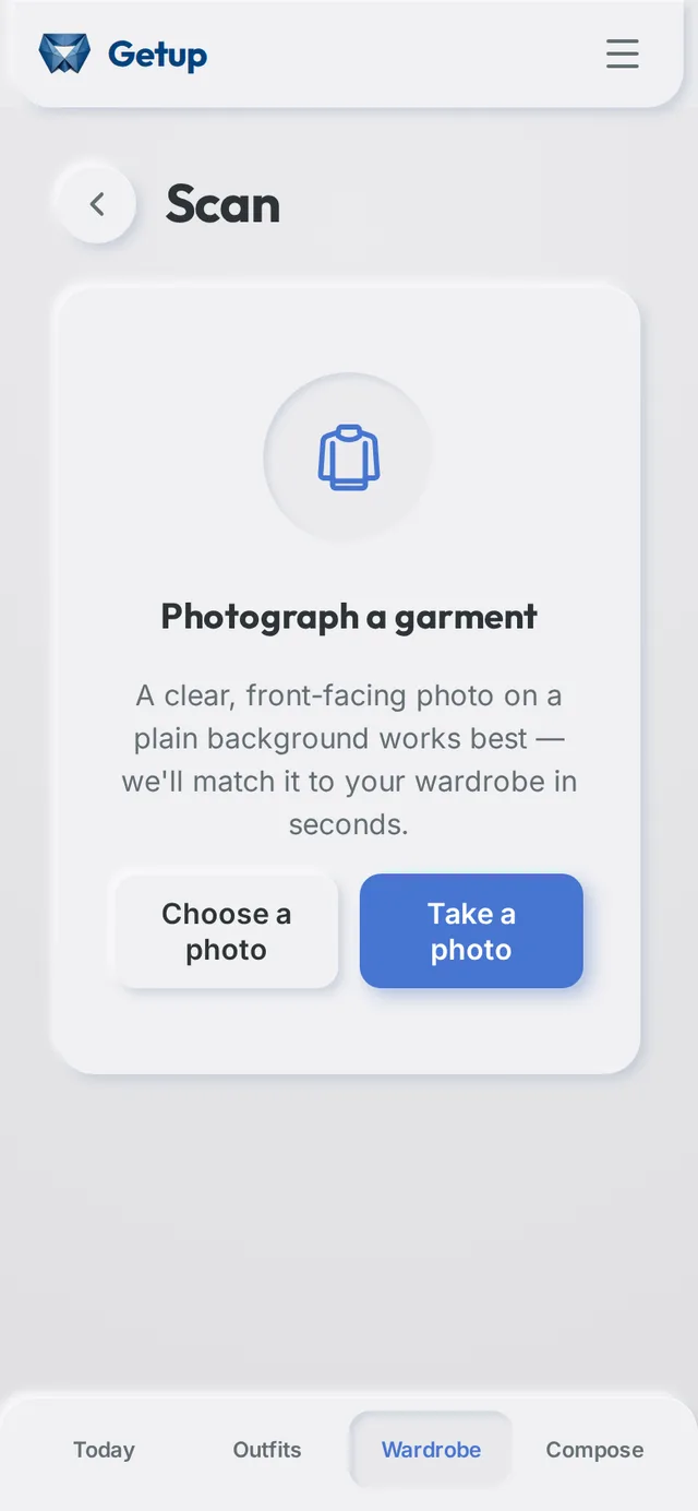 The Scan screen, inviting you to photograph a garment on a plain background, with buttons to choose a photo or take one.