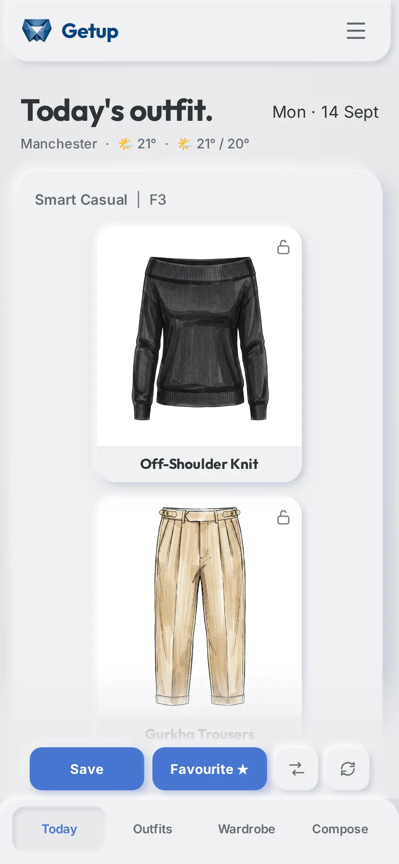 The Today screen. A Smart Casual outfit for Manchester at 21 degrees: a black off-shoulder knit with beige Gurkha trousers and chunky loafers.