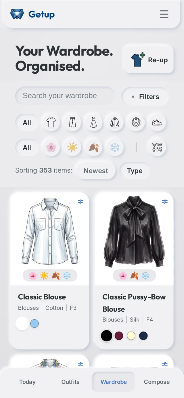 The Wardrobe screen. A search field, filters by garment type and season, and a grid of drawn garments sorted by type, starting with a classic blouse and a pussy-bow blouse, each showing the colours it is owned in.